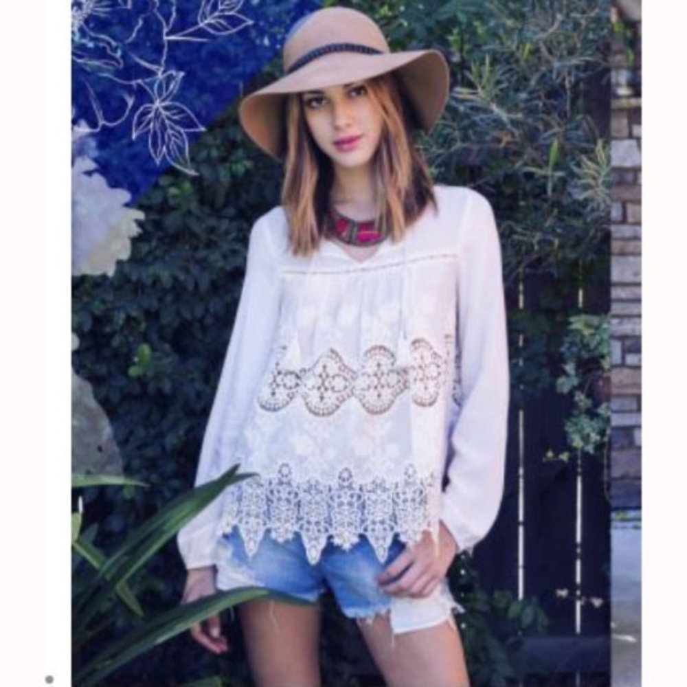 Boho White Blouse Shirt Woven Lace